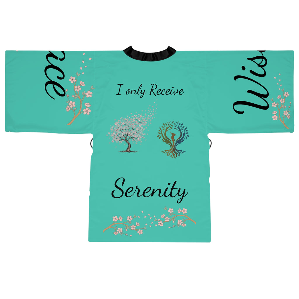 Serenity Cherry Blossom Long Sleeve Kimono Robe | teal tree floral words js