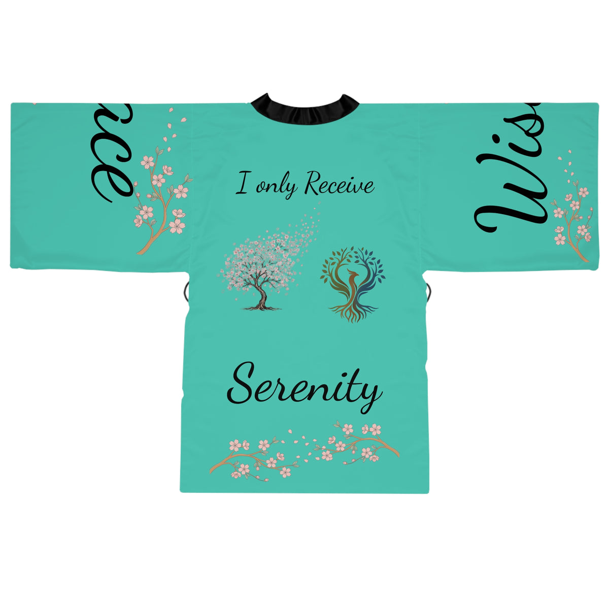 Serenity Cherry Blossom Long Sleeve Kimono Robe | teal tree floral words js