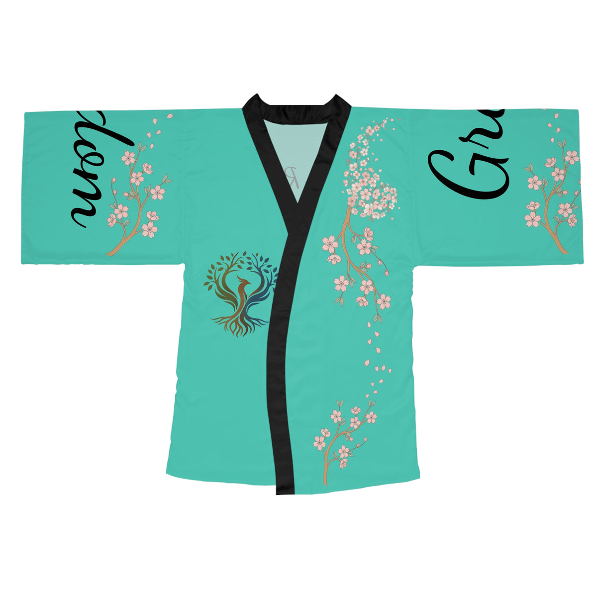 Serenity Cherry Blossom Long Sleeve Kimono Robe | teal tree floral words js