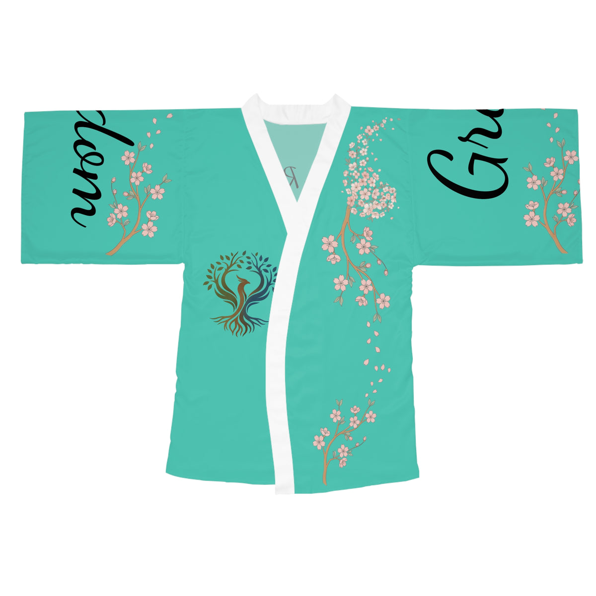 Serenity Cherry Blossom Long Sleeve Kimono Robe | teal tree floral words js