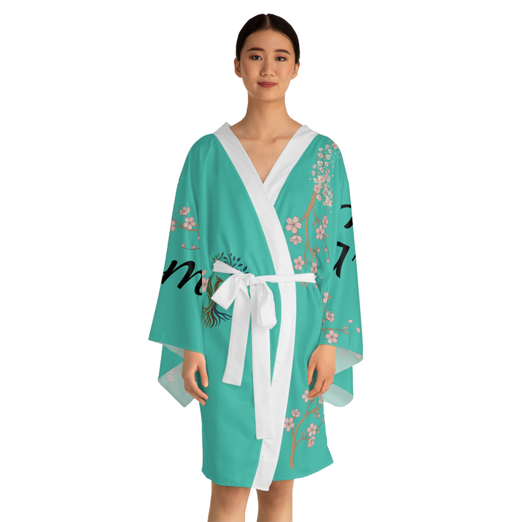 Serenity Cherry Blossom Long Sleeve Kimono Robe | teal tree floral words js