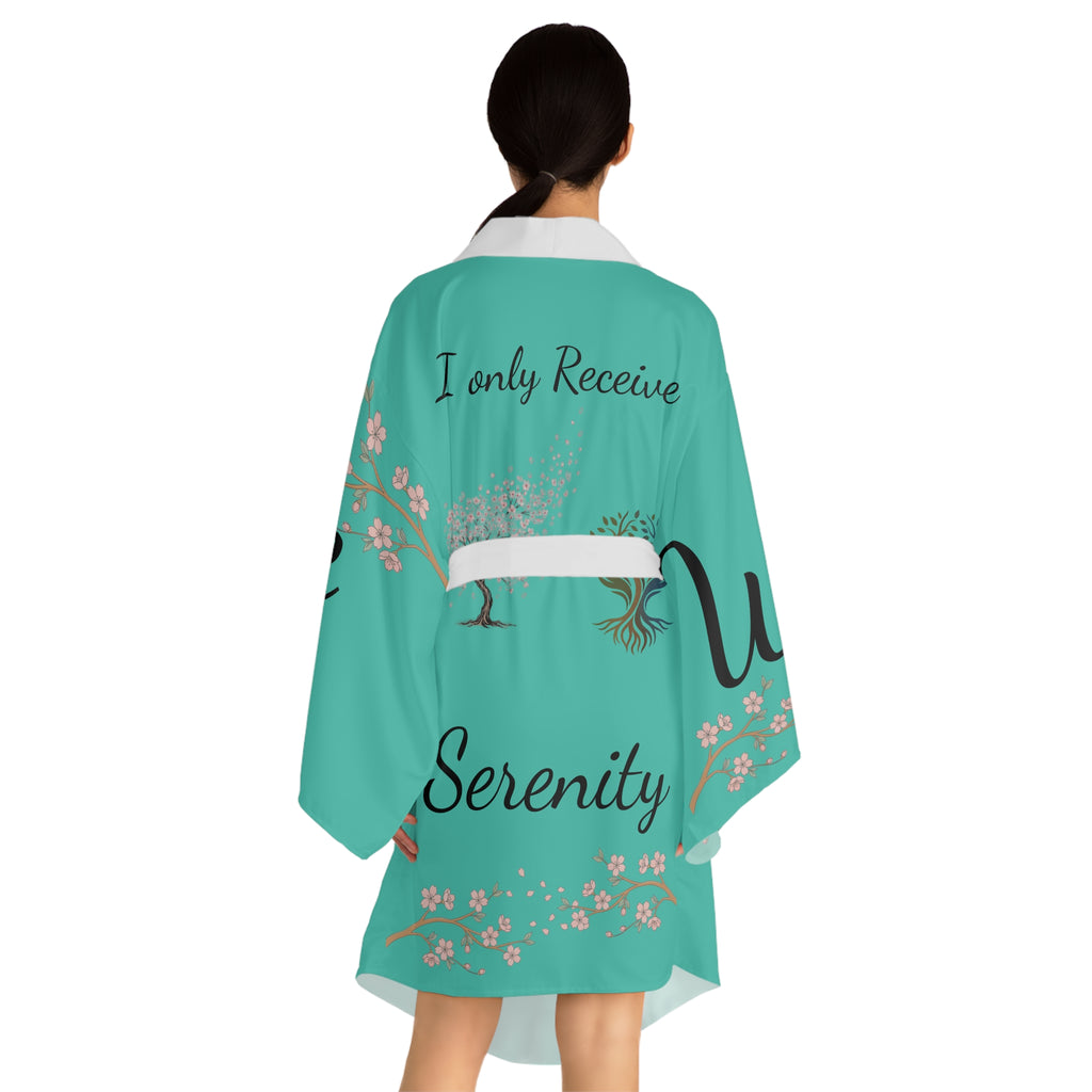 Serenity Cherry Blossom Long Sleeve Kimono Robe | teal tree floral words js