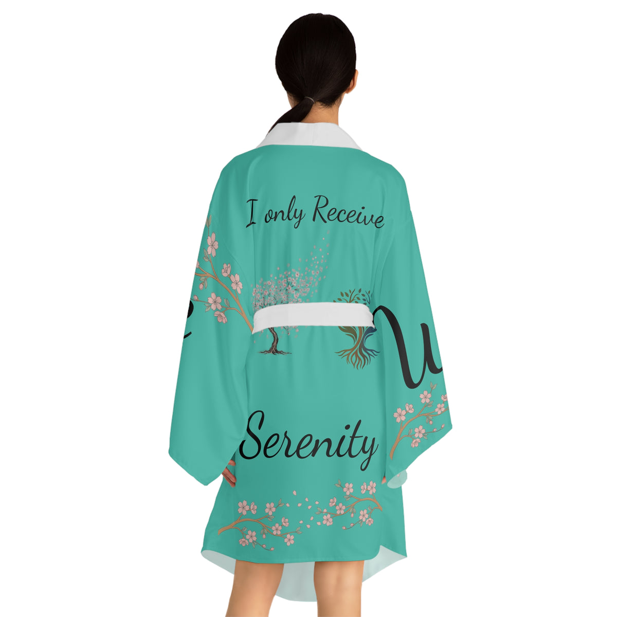 Serenity Cherry Blossom Long Sleeve Kimono Robe | teal tree floral words js