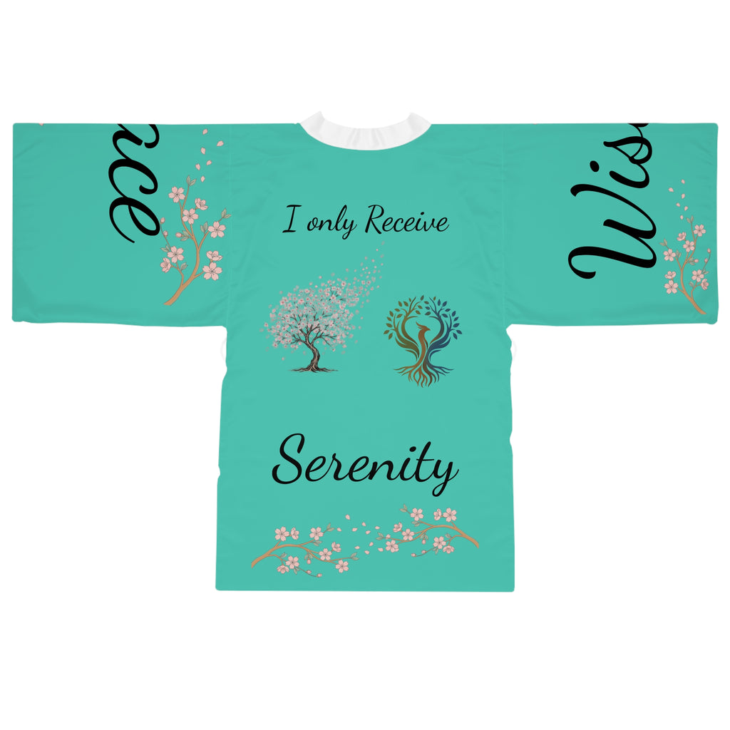 Serenity Cherry Blossom Long Sleeve Kimono Robe | teal tree floral words js