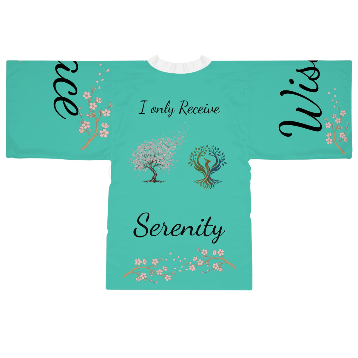 Serenity Cherry Blossom Long Sleeve Kimono Robe | teal tree floral words js