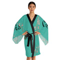 Serenity Cherry Blossom Long Sleeve Kimono Robe | teal tree floral words js
