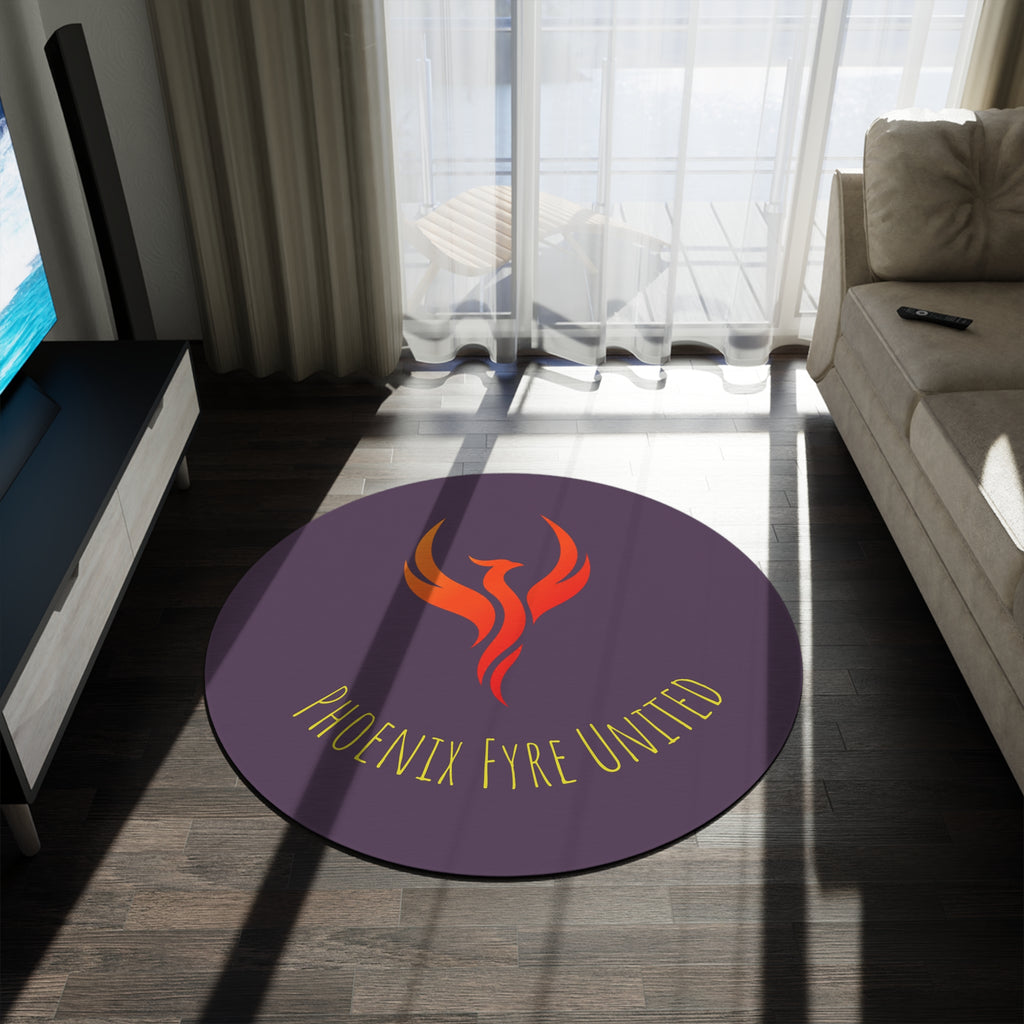 Phoenix Fyre United monogram Round Rug | elegant gold script logo on plum background