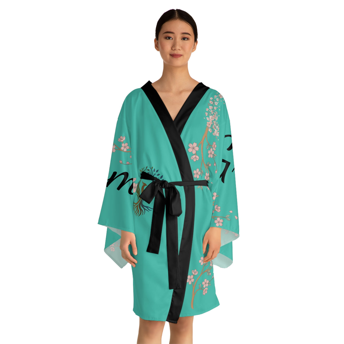 Serenity Cherry Blossom Long Sleeve Kimono Robe | teal tree floral words js