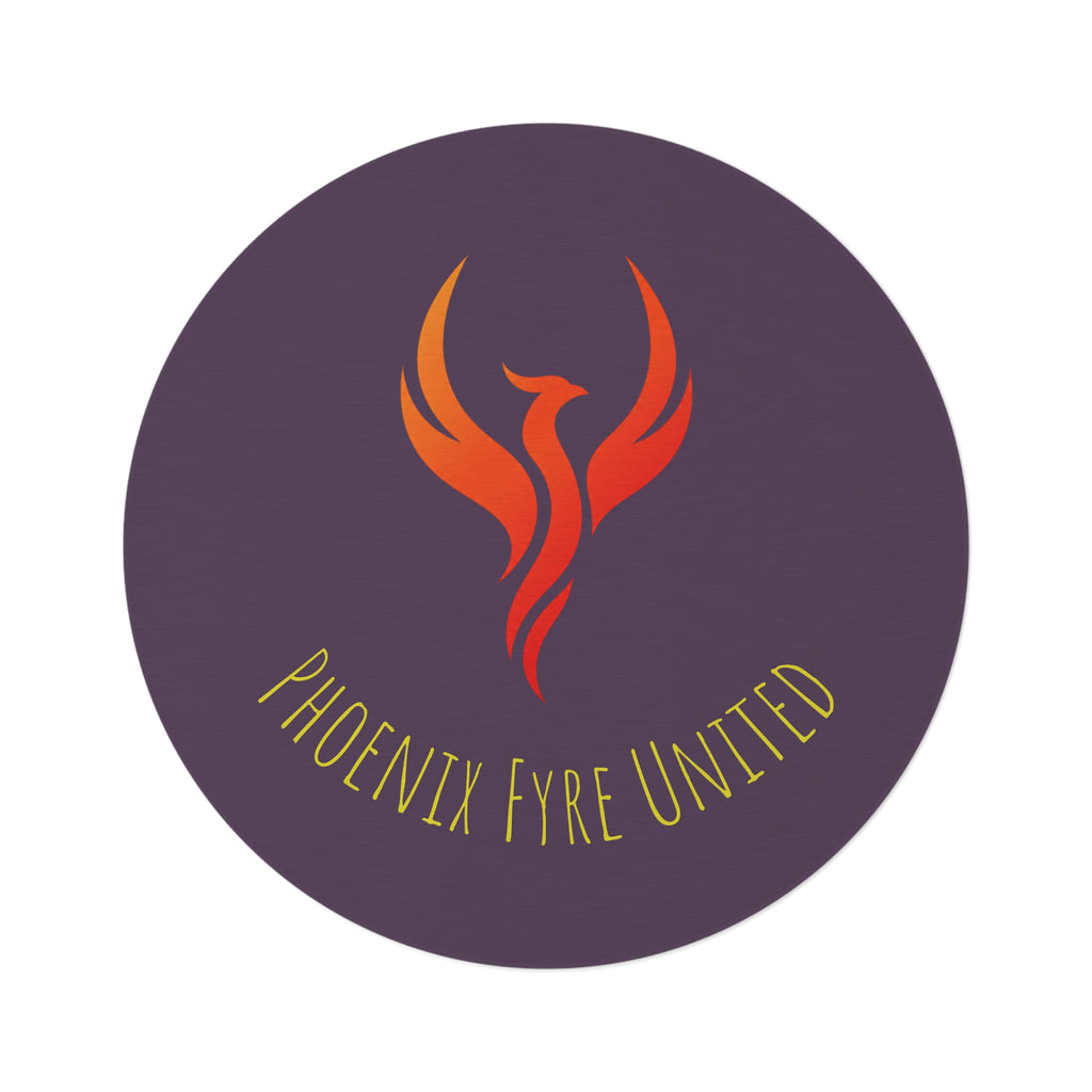 Phoenix Fyre United monogram Round Rug | elegant gold script logo on plum background