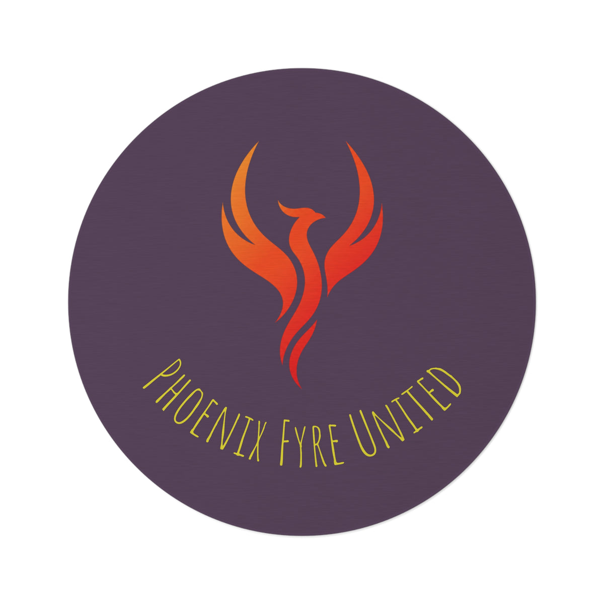 Phoenix Fyre United monogram Round Rug | elegant gold script logo on plum background